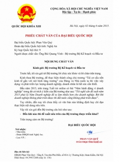 Gửi phiếu chất vấn của ĐBQH đến Bộ trưởng Bộ Kế hoạch và Đầu tư